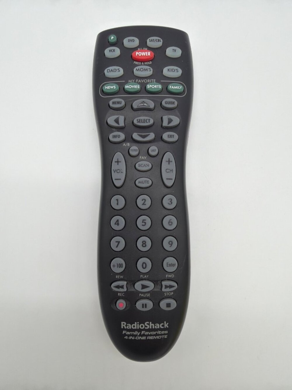 RadioShack Family Favorites 4-In-One Universal Remote Control Black Cat. No. 15-